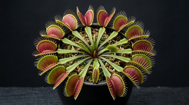 A vibrant Venus flytrap plant with spiky red and green leaves growing in a dark round pot