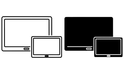 Set of outline and solid black tablet computer icons representing mobile devices and digital technology screens © Muslim