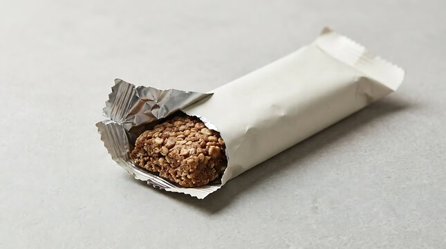 A healthy chocolate cereal granola bar in a silver foil wrapper open for a quick snack. Protein bar packaging