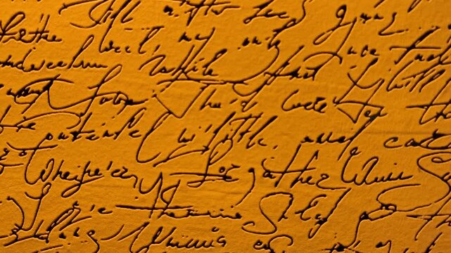 Abstract closeup of vintage cursive handwriting in black ink on a warm yellow textured paper background for creative design projects.