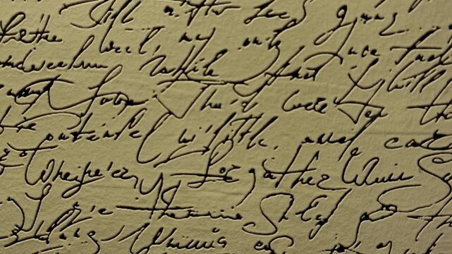 Abstract closeup of vintage cursive handwriting in black ink on a beige parchment textured background for creative design projects.