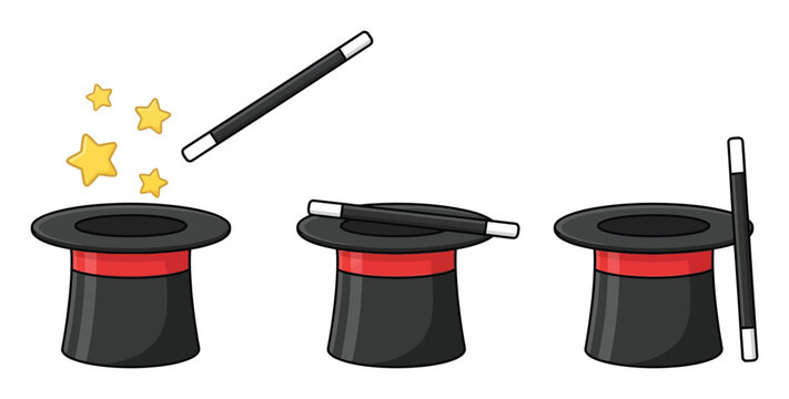 Set of magician hats and magic wands, cartoon style with sparkling stars, isolated on a white background, for creative projects