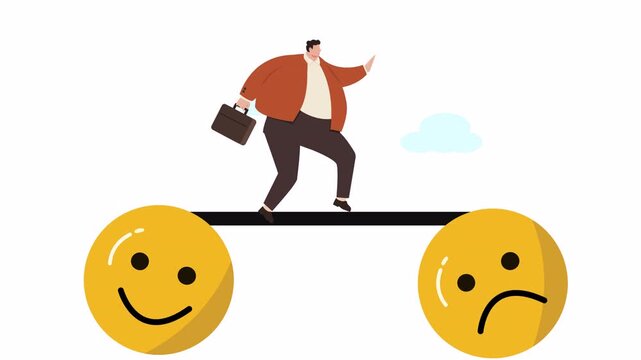Businessman balancing on emotional seesaw, navigating happy and sad choices in work-life