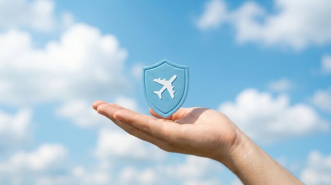 Airplane travel insurance and safety shield held in a hand against a blue sky and clouds.