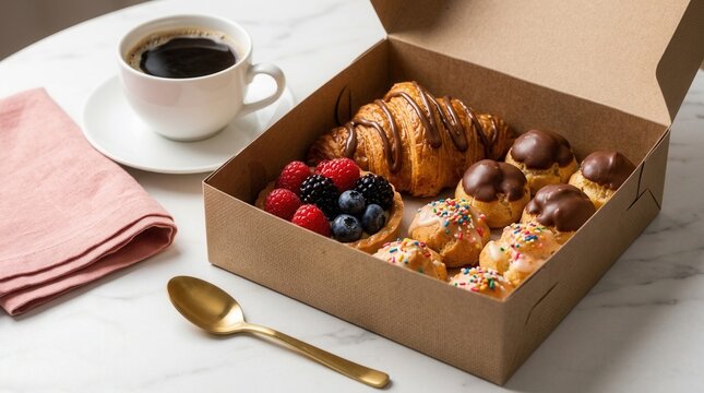 Assorted gourmet pastry box containing croissant, fruit tart, and cream puffs for breakfast.