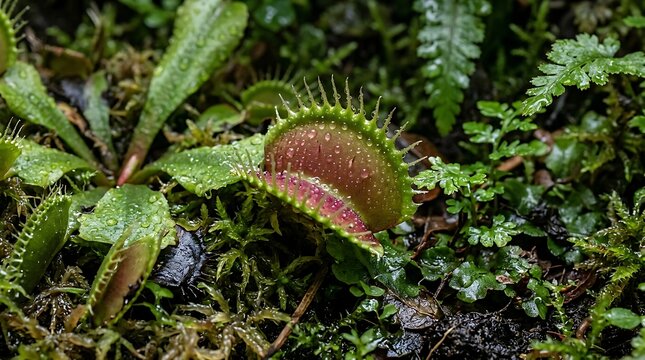 Close up of a predatory Venus flytrap plant with dew drops in a lush mossy forest floor environment