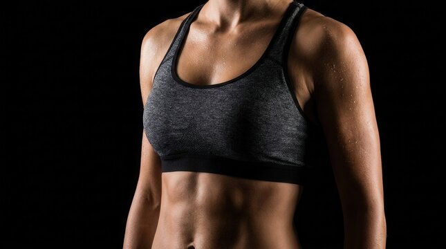 Athletic female torso with muscular abs and sweat wearing a sports bra.