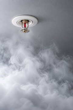Automatic ceiling fire sprinkler above rising smoke in a modern building. Fire suppression system, fire protection engineering and emergency safety concept for commercial and residential properties.