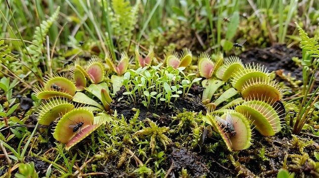 Close up of venus flytrap plants growing in the mossy swamp habitat with insects caught in traps
