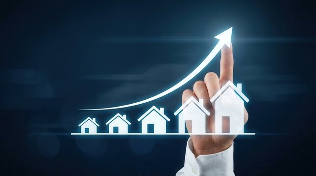 Business person hand touching a real estate growth graph.