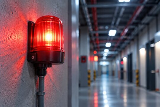Illuminated red emergency alarm beacon mounted in an industrial corridor. Fire alarm system, emergency warning light, building safety and evacuation technology for commercial facilities.