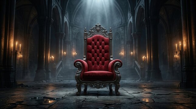 An ornate empty throne sits alone in a dark, atmospheric gothic hall.