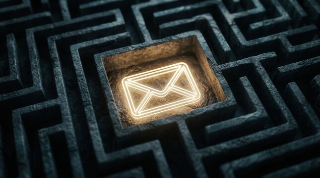 Top down view of a stone maze with a glowing business email concept.