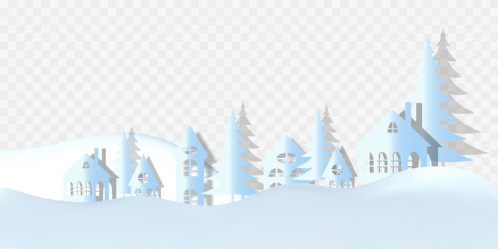 A winter landscape cozy cottages with chimneys and arched windows sit on snow covered hills, surrounded by white fences and blue spruces. The illustration features soft gradients and a minimalist styl