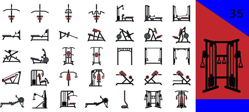 Black gym fitness equipment icons set workout machines chest press lat pulldown leg press cable crossover rowing machine editable vector
