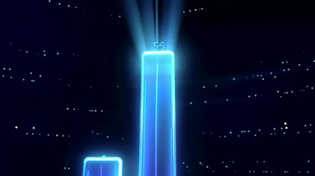 Glowing blue bar chart rises and rearranges across a futuristic digital landscape with numeric data labels, radiant light beams, reflections, and starry background