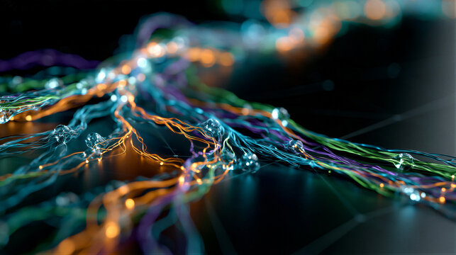 Abstract Git topology with luminous branching streams connecting glowing translucent nodes in blue, green, orange, purple. Dark background, cinematic lighting, left copy space for tech banners.