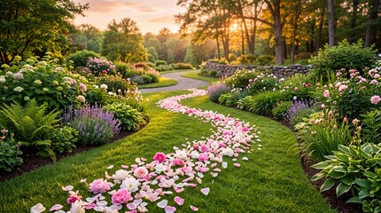 Obraz premium Beautiful Garden Pathway with Pink and Purple Flowers Near Sunset in Lush Landscape