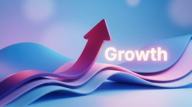 An upward arrow integrated into a clean abstract composition with smooth gradients and glowing Growth text.