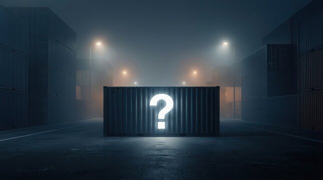 Shipping containers stacked in an industrial container yard at night with a question mark icon.