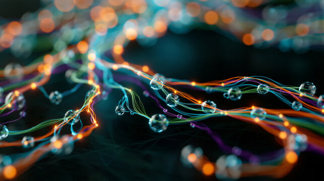 Abstract Git topology with luminous branching streams connecting glowing translucent nodes in blue, green, orange, purple. Dark background, cinematic lighting, left copy space for tech banners.