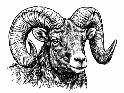Detailed Ram Head Line Art