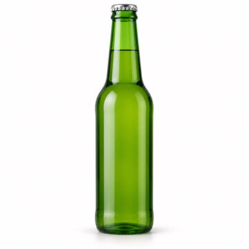 Single green glass bottle on white background