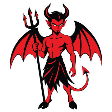 Red Devil Mascot Character Holding Pitchfork Vector Illustration