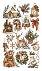 Fototapeta premium PNG Cozy Christmas winter cottage holiday decorations illustration
