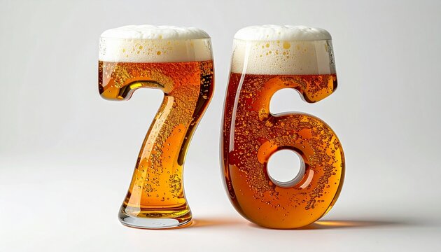 Beer Glass Shaped as Number 76 with Foam and Bubbles on White Background for Birthday and Anniversary Celebration
