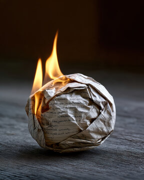 Crumpled handwritten letter burning on wooden surface, dramatic fire, destruction, loss, emotional concept