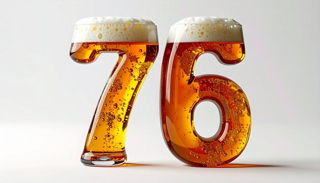 Beer Glass Shaped as Number 76 with Foam and Bubbles on White Background for Birthday and Anniversary Celebration