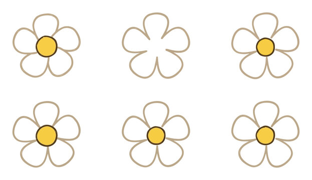 Set of simple daisy flower icons, cute floral with yellow centers and white petals, for nature and spring
