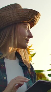 Young woman in straw hat using digital tablet outdoors at sunset, focused on screen while standing in rural field and managing tasks with modern technology