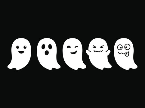 Cute Cartoon Ghost Set with Funny Facial Expressions