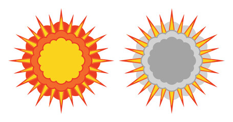 Sunburst explosion icons in yellow and orange with red outlines, dynamic starburst shapes for comic book action effects and © MsFarzana
