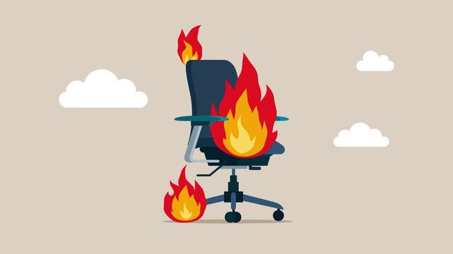 Office chair on fire. Strong fire. Financial crisis and bankruptcy. Business 2d animation video