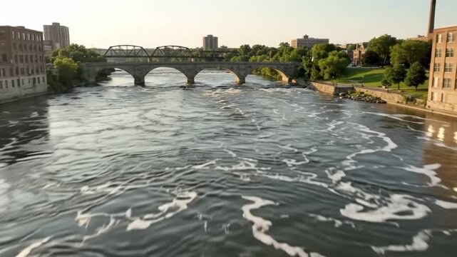 Aerial view of saint anthony falls and minneapolis skyline at sunset, mississippi river urban landscape