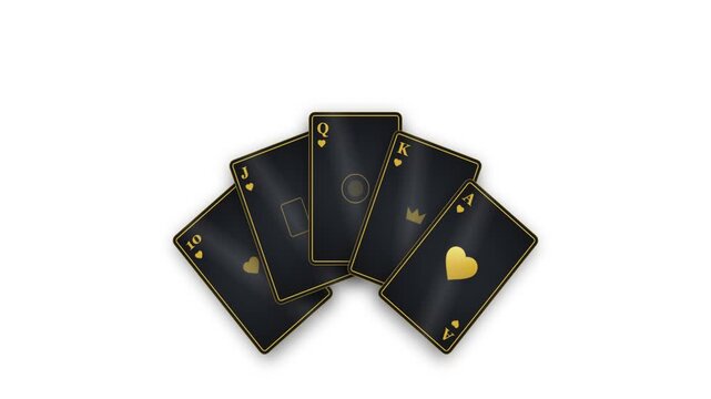 Elegant Black and Gold Poker Cards Animation Featuring 10 Jack and Queen of Hearts on White Background