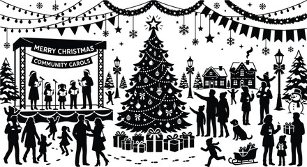 Fototapeta premium Christmas celebration silhouette vector graphic with caroling choir, decorated tree, and festive crowd