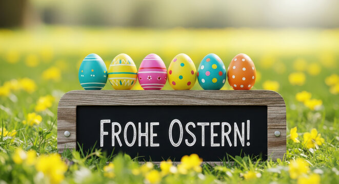 Colorful easter eggs and a sign with the inscription frohe ostern in a meadow