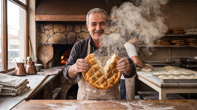 Baker showing fresh steam rising Turkish pide bread with seeds