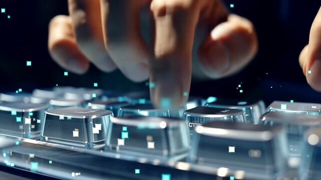 Hands typing on transparent futuristic keyboard with illuminated keys and digital particles, close up technology interaction in dark studio setting