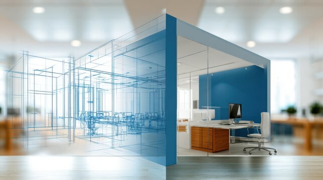 A modern office space transitioning from a digital blueprint to a fully furnished workspace with desks, chairs, and computers.