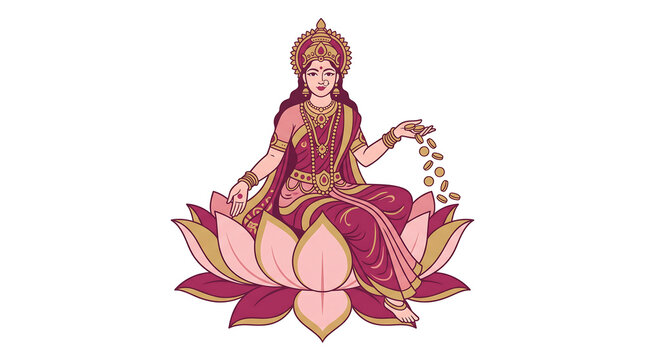 Goddess Lakshmi Seated on a Lotus Flower Showering Gold Coins Illustration for Traditional Hindu Spiritual Prosperity and Religious Festivals