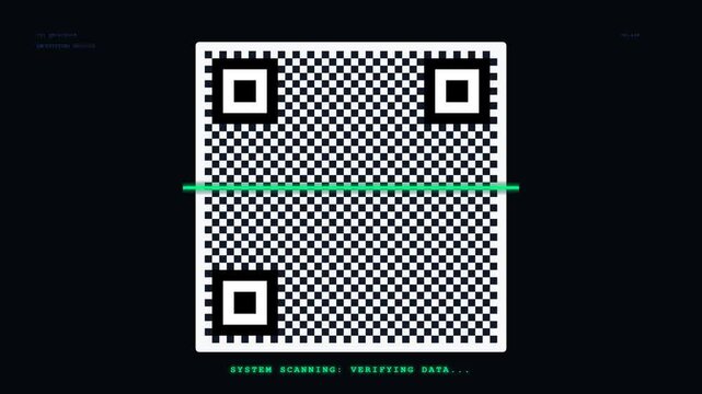 Digital qr codes scanned by green laser lines on black background