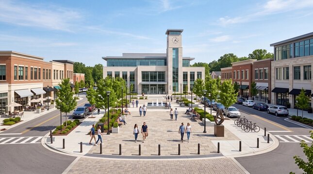 Modern Town Square Center with Clock Tower and Pedestrians in Bright Day
