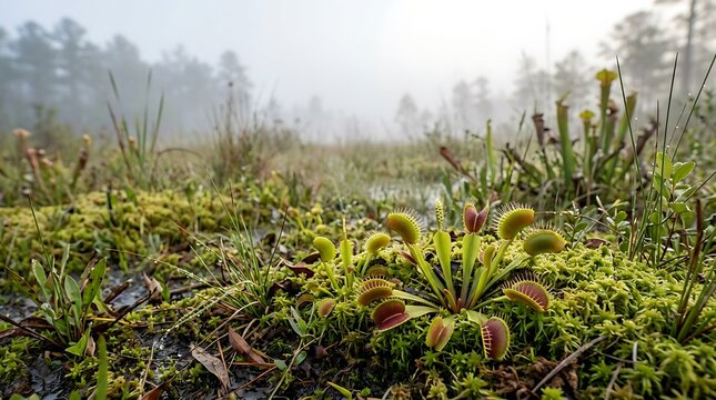 Venus flytrap plant growing in a wet misty bog landscape during morning