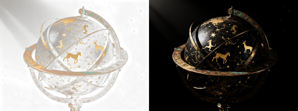 Isolated ancient celestial globe, intricate weathered brass armillary sphere, luminous golden zodiac constellations on a deep cosmic black