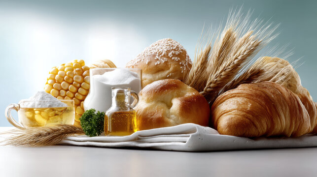 Fresh bread wheat corn sugar oil croissant brioche bakery breakfast natural